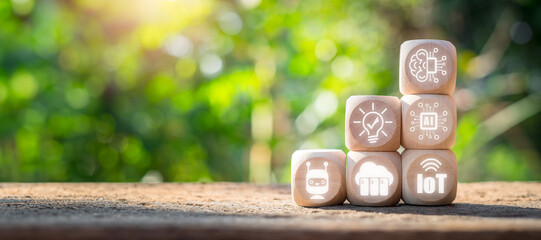 Machine learning concept, Wooden block on desk with machine learning icon on virtual screen.