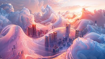 Surreal Cityscape with Flowing Clouds and Swirling Skyline