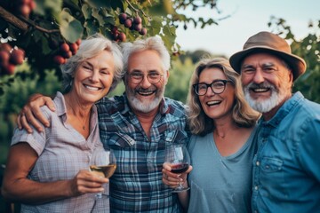 Group of senior friends having fun in the vineyard. They are drinking wine and smiling.