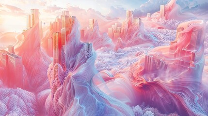 Dreamlike Skyscraper City Engulfed in Pastel Cloud Waves