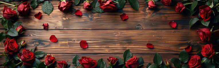 Romantic Red Rose Floral Frame with Ribbon on Wood Background