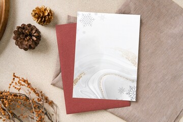 Winter festive card, flat lay design