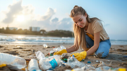 Young volunteer collecting plastic trash on a sandy beach, concept of environmental clean-up, Generative AI - Powered by Adobe