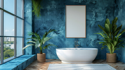 Luxurious bathroom with a modern bathtub, framed empty poster on a textured blue wall, and green plants, Generative AI.