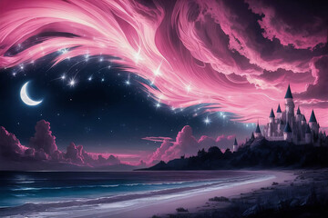 a cinematic landscape with the Sky filled with swirling shades of different colors, transitioning into a deep indigo night