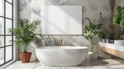 Modern bathroom interior with white bathtub, green plants, concrete walls, and a blank framed poster. Generative AI