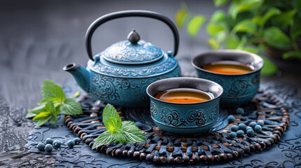 A blue tea set with cups and pot, fresh mint leaves, and concept of a health ceremony on a textured surface, Generative AI - obrazy, fototapety, plakaty