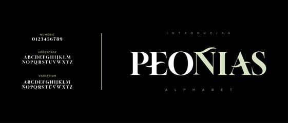 Peonias Elegant Font Uppercase Lowercase and Number. Classic Lettering Minimal Fashion Designs. Typography modern serif fonts regular decorative vintage concept. vector illustration