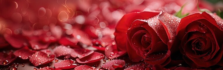 Romantic Red Roses Bouquet with Hearts and Gift Boxes on Wedding and Valentine's Day Background with Water Drops and Petals