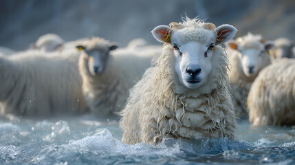 Fluffy Flock Soaking in Steamy Hot Spring Amid Misty Mountain Landscape