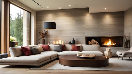 contemporary living room with hearth