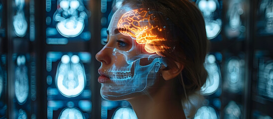 Futuristic Brain Scan Revealing Early Signs of Neurological Disorders Using Advanced Diagnostic Technology and Holographic Visualization