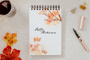Notebook flat lay design, autumn vibes decoration