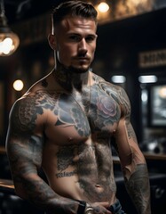 sexy shirtless man with intricate tattooes