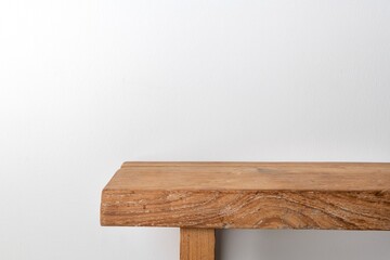 Wooden bench product backdrop, minimal interior with blank wall