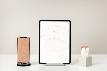 Multi-devices screen, marble phone, tablet & airpods aesthetic