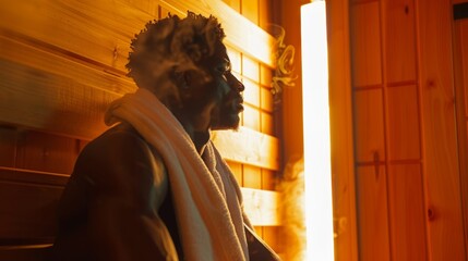 A professional football player is shown sitting in a sauna his face covered in a towel as he takes in the full benefits of the infrared heat..
