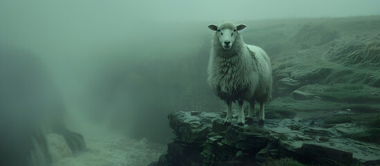 Lone Sheep Gazing at Distant Horizon from Rugged Cliff s Edge in Misty Atmospheric Landscape