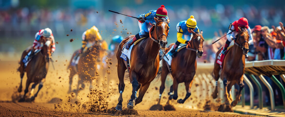 Horse racing or derby jockey riding a horse during a race in front of the main stand. Hand edited generative AI.