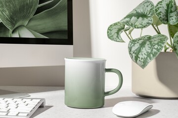 Green coffee mug, realistic product in aesthetic workspace