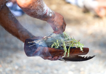 Human hands hold wooden dish with Australian plant branches, the smoke ritual rite at a indigenous community event in Australia © Elena Pochesneva
