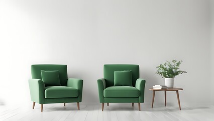  Mockup wall living room with green armchair on empty white wall background- 3D rendering 