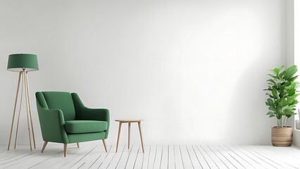  Mockup wall living room with green armchair on empty white wall background- 3D rendering 