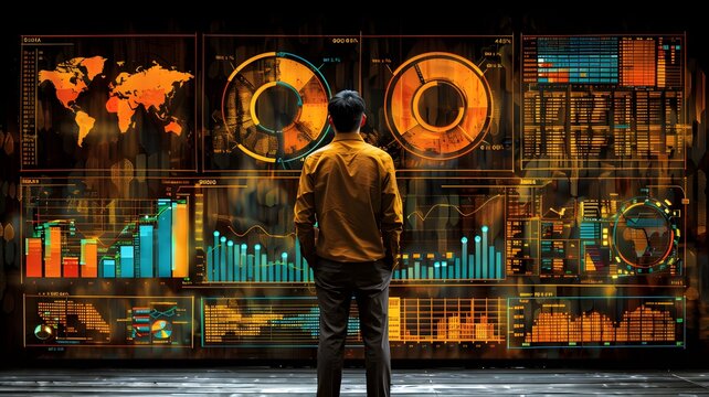 Big Data, Middle-aged South Asian man analyzing extensive global data displayed on an expansive, high-tech digital wall featuring world maps and various statistical graphics.
