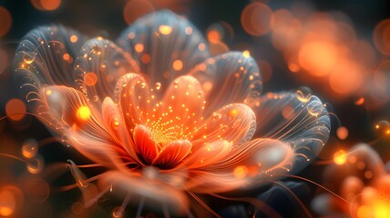 An enchanting digital illustration of a fantasy flower glowing with warm, ethereal light. The intricate petals and surrounding bokeh lights create a magical and captivating visual, evoking a sense of 
