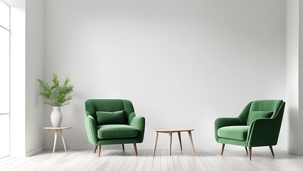  Mockup wall living room with green armchair on empty white wall background- 3D rendering 