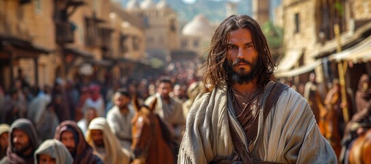 Jesus walks through the streets of Jerusalem, His path lined with adoring crowds, His triumphal entry heralding a new era of salvation. - obrazy, fototapety, plakaty