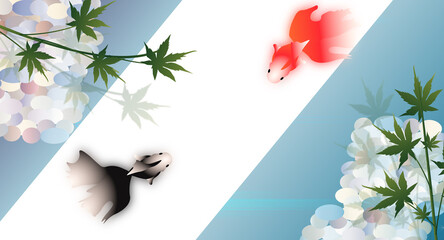 池の金魚と紅葉の日本の夏の風景の背景素材