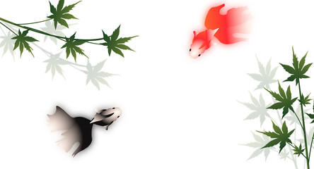 池の金魚と紅葉の日本の夏の風景の背景素材