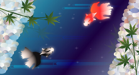 池の金魚と紅葉の日本の夏の風景の背景素材