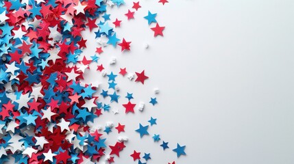 Happy Independence Day! Red, Blue & White Star Confetti Paper Decorations on White Background. Top View Flat Lay with Copy Space.
