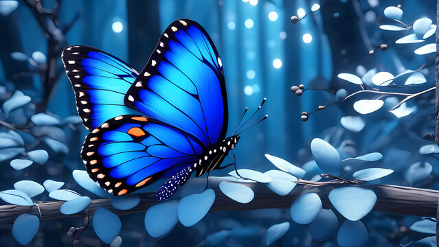 beautiful blue butterfly perceive and fly in the forest,beautiful blue butterfly scenery in the forest of fairies,Generative AI