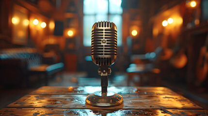 Vintage Microphone on Rustic Wooden Table with Soft Ambient Lighting