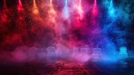 Memorial Day Stage with Red, White & Blue Spotlight and American Flag Background with Smoke - AI Generated Image