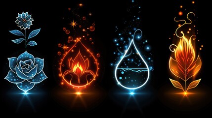 Symbols of air, fire, water, earth. Pictograph. Alchemy symbol isolated on black background. Decorative elementsv