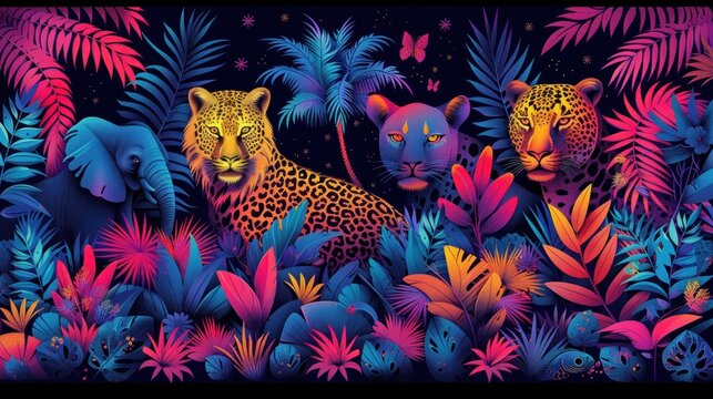 collection of photos of Wild Animals in Colorful African Jungle Horizontal Design for children. Full collage illustration of African animals. Surface design graphics for children