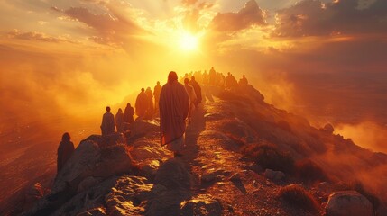 Jesus stands on the mountain, His disciples gathered around Him, His words a commission to go and make disciples of all nations, baptizing them in the name of the Father, Son, and Holy Spirit. - obrazy, fototapety, plakaty