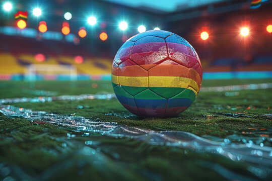 Close up of a soccer ball colored in the LGBTQ gay pride flag