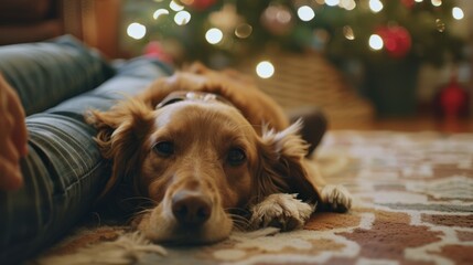 The family dog curls up at the feet of its owners content to be part of the festivities. - obrazy, fototapety, plakaty