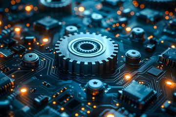 Futuristic Circuit Board with Gear Wheels and Abstract Polygonal Patterns in Blue Background