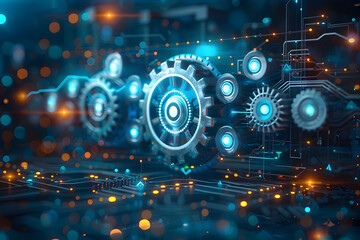 Futuristic Digital Circuit Board with Interconnected Gears and Geometric Patterns on Blue Background