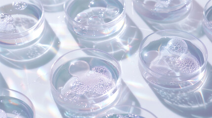 Petri Dishes with Bubbles and Liquid Samples on Blue Background