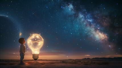 Child Gazing at Illuminated Light Bulb under Starry Sky