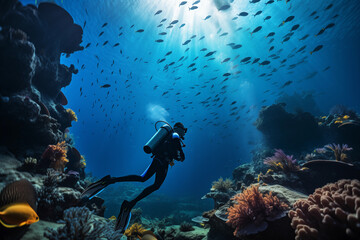 Fototapeta premium scuba diver and reef with fish