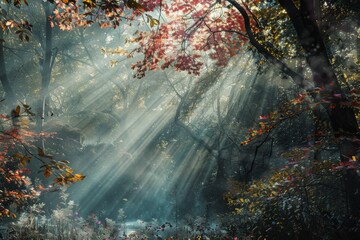 Sunlight Filtering Through a Misty Autumn Forest