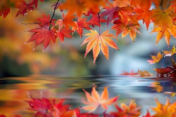 Naklejka na ściany i meble Autumn Leaves Reflecting in Calm Water